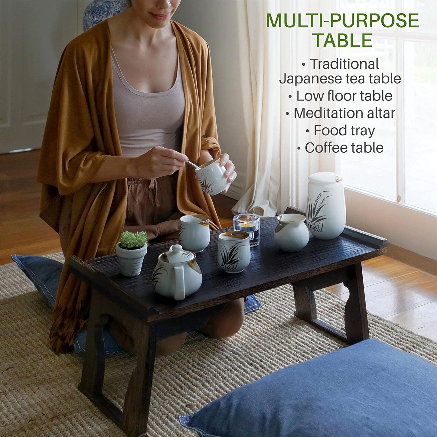 Kiri Meditation Table - Premium Carved Japanese Minimalist Altar - Chabudai Coffee or Tea Low Floor Table - Floor Sitting, Sustainable Paulownia Wood - Small Foldable Prayer Shrine Stand