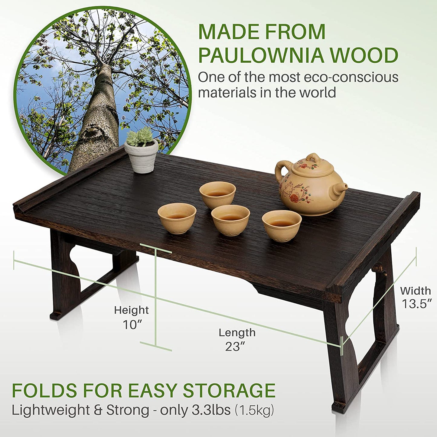 Kiri Meditation Table - Premium Carved Japanese Minimalist Altar - Chabudai Coffee or Tea Low Floor Table - Floor Sitting, Sustainable Paulownia Wood - Small Foldable Prayer Shrine Stand