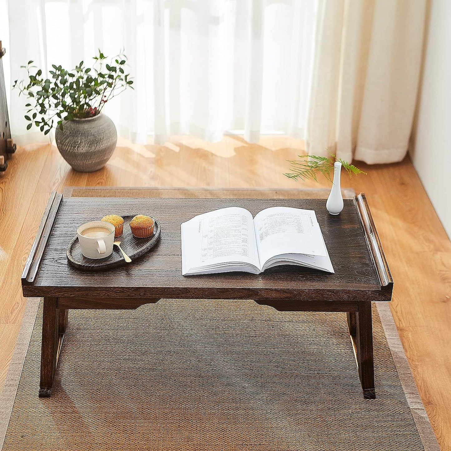 SINOBEST Bed Laptop Desk with Foldable Legs, Breakfast in Bed Serving Tray Table, Japanese Style Floor Table for Tea & Coffee, Antique Meditation Altar Table, Bay Window Wood Table(26.8”X13.4”X11.4”)