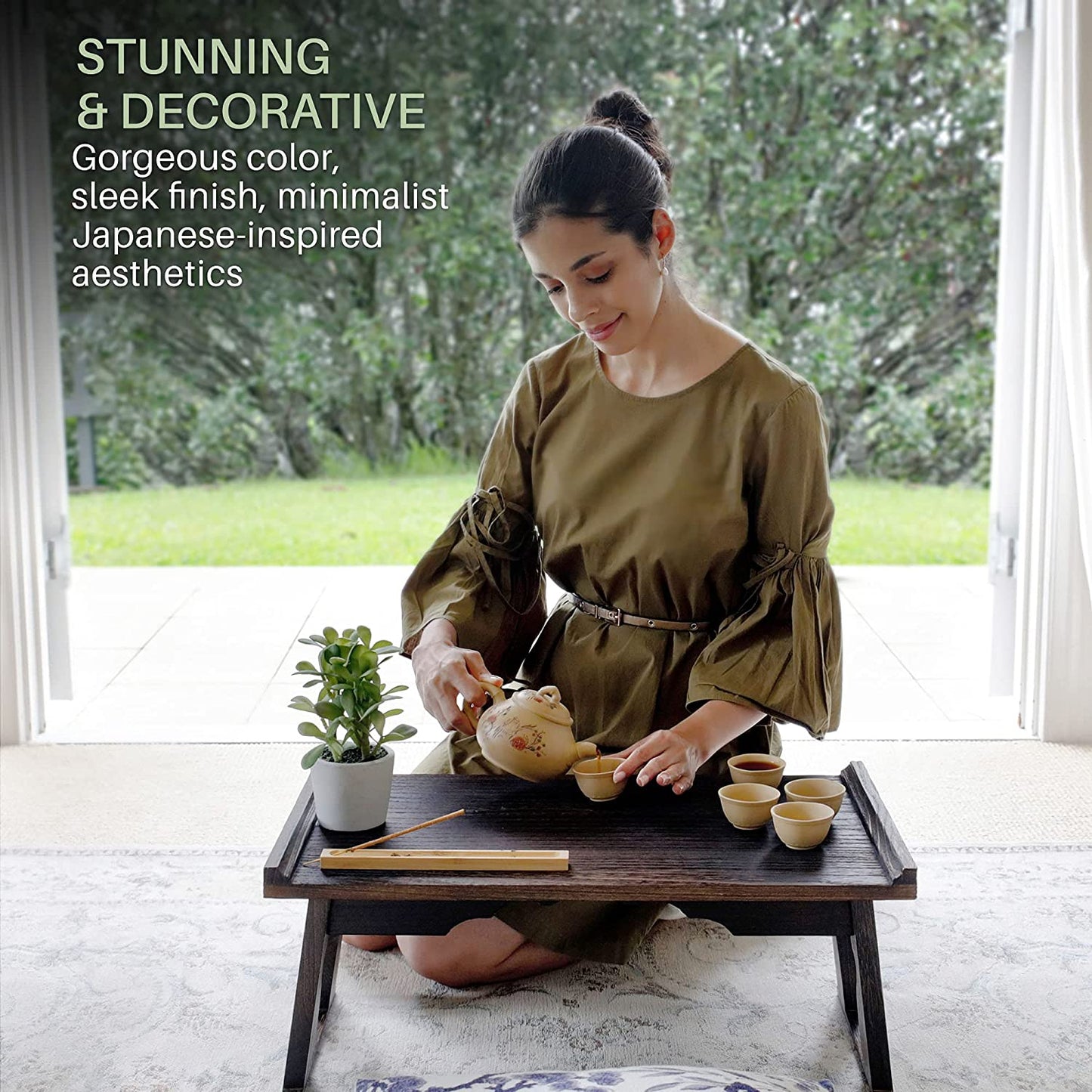 Kiri Meditation Table - Premium Carved Japanese Minimalist Altar - Chabudai Coffee or Tea Low Floor Table - Floor Sitting, Sustainable Paulownia Wood - Small Foldable Prayer Shrine Stand