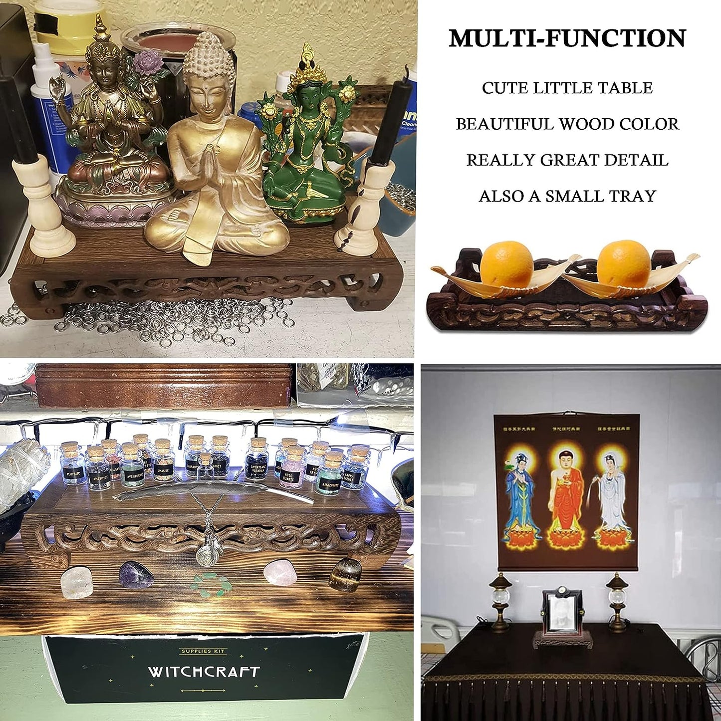 Meditation Table Altar, Wood Small Altar Tables Ancestors Buddha Statue Stand Carved Base Low Table Meditation Room Sacred Space Personal Shrine Spiritual Corner Home Decor (Coffe Brown)