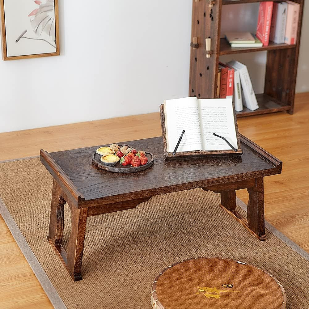SINOBEST Bed Laptop Desk with Foldable Legs, Breakfast in Bed Serving Tray Table, Japanese Style Floor Table for Tea & Coffee, Antique Meditation Altar Table, Bay Window Wood Table(26.8”X13.4”X11.4”)