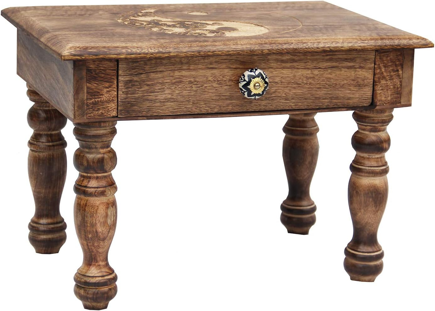 Dharmaobjects Solid Mango Wood Hand Carved Prayer Puja Shrine Altar Meditation Table (Yin Yang) Large