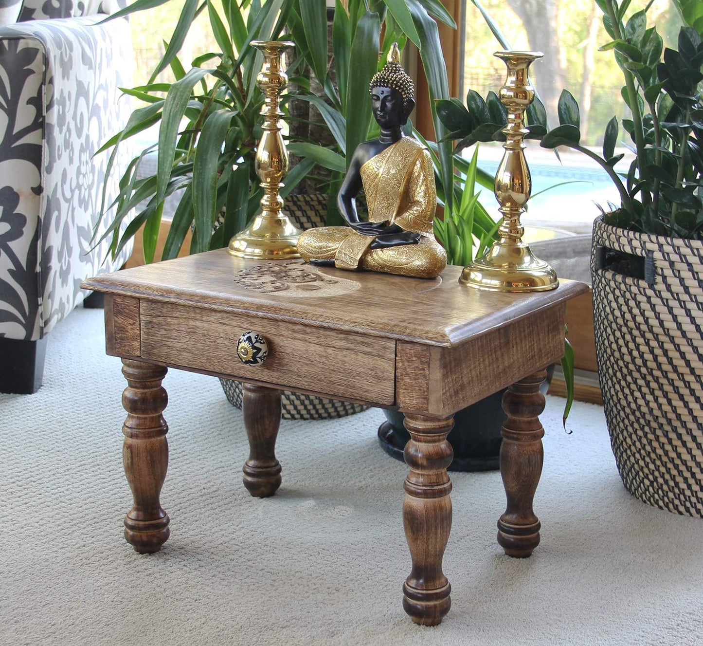 Dharmaobjects Solid Mango Wood Hand Carved Prayer Puja Shrine Altar Meditation Table (Yin Yang) Large
