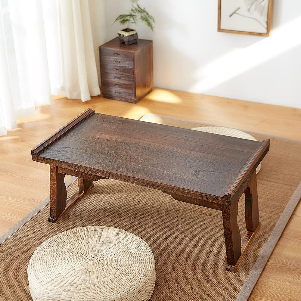 SINOBEST Bed Laptop Desk with Foldable Legs, Breakfast in Bed Serving Tray Table, Japanese Style Floor Table for Tea & Coffee, Antique Meditation Altar Table, Bay Window Wood Table(26.8”X13.4”X11.4”)