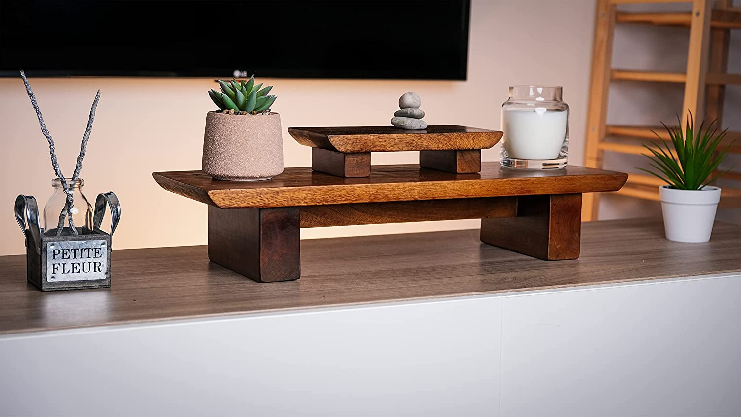 Vesoda Meditation Altar Table – 21 X 7.5 X 6 Inch Handmade Tiered Puja Table - Small Alter Table for Relaxation, Prayer - Buddha Shrine Altar Meditation Table Made of Solid and Rich Mango Wood